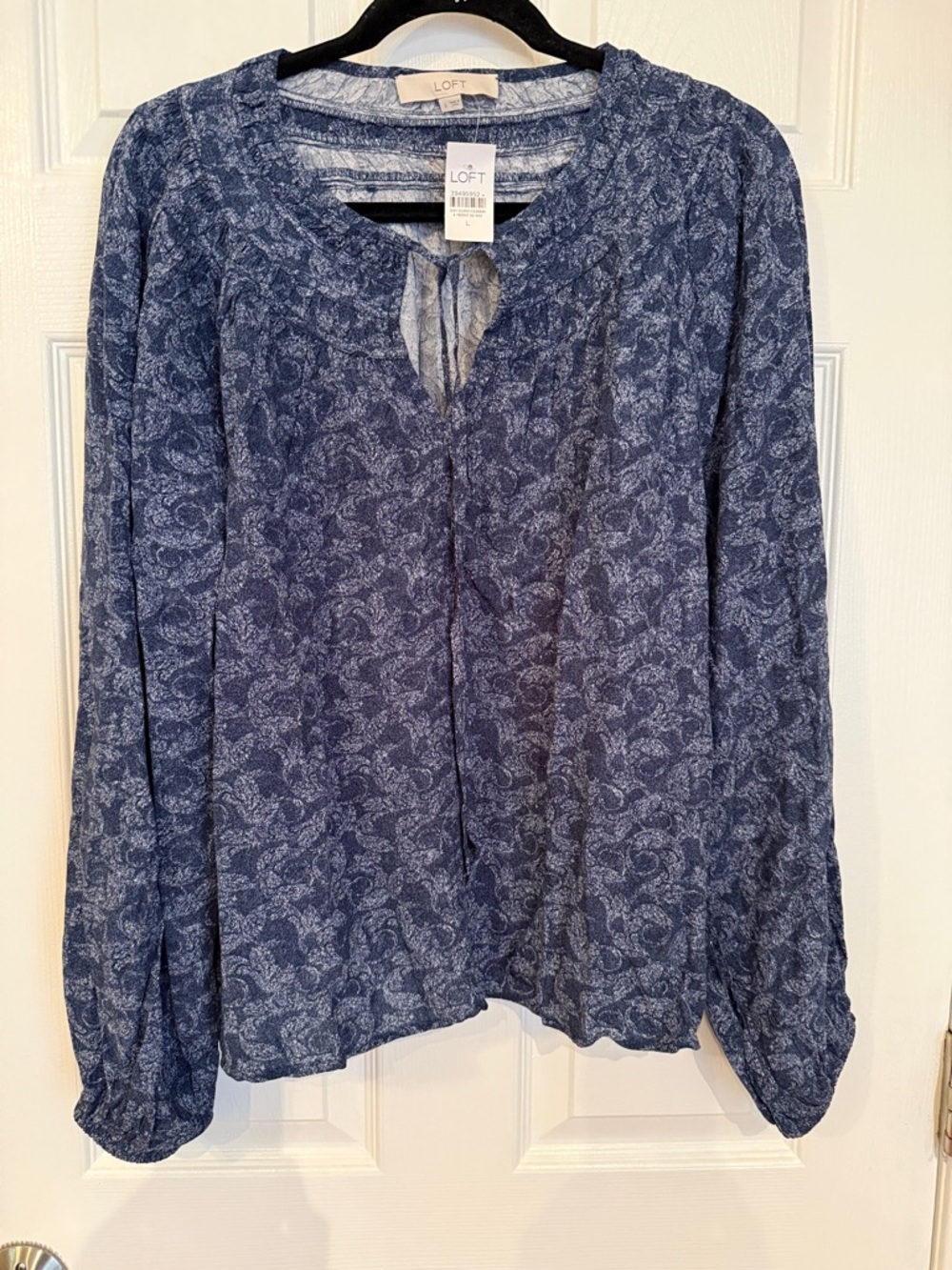 NWT LOFT Blue Paisley Tie-Neck Long Sleeve Blouse